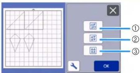 Screenshot of a drawing software interface showing a grid diagram and three labeled buttons with icons.