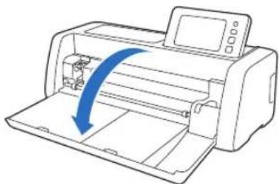 Line drawing of a printer with a blue arrow indicating compression or disassembly (no text or symbols present)