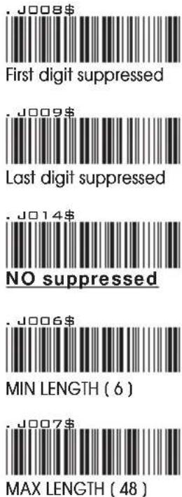 .J008$ First digit suppressed J009$ Last digit suppressed J014$ NO suppressed J006$ MIN LENGTH ( 6 ) J007$ MAX LENGTH ( 48 )