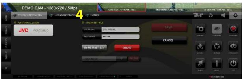 DEMO CAM - 1280x720 / 50fps STREAM SETTINGS JVC MOSCLOUD STREAM SETTINGS DISCRETE STREAMSTAR PRESIDENT ****** REMEMBER ME LOG IN SAVE CANCEL streamstar