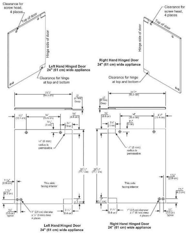 Clearance for screw head, 4 places Top of door Hinge side of door Left Hand Hinged Door 24" (61 cm) wide appliance Clearance for hinge at top and bottom Right Hand Hinged Door 24" (61 cm) wide appliance Clearance for hinge at top and bottom 23½" (80.3 cm) 3" (9 mm) Deep 4½" (12.4 cm) 1½" (3.6 cm) 1½" (3.6 cm) 1½" (3.6 cm) 4½" (6 mm) radius is permissible 3½" (7.9 cm) 1½" (7.9 cm) 3½" (7.9 cm) 3½" (7.9 cm) 1½" (2.9 cm) This side facing interior This side facing interior 1½" (2.9 cm) 1½" (4.3 cm) 1½" (5.6 cm) diameter x ½" (6 mm) deep 4 places 3½" (8.4 cm) 1½" (2.5 cm) diameter x ½" (6 mm) deep 4 places 3½" (5.1 cm) 1½" (8.4 cm) 1½" (2.5 cm) diameter x ½" (6 mm) deep 4 places 1½" (8.6 cm) 5pico Top of door Hinge side of door Clearance for screw head, 4 places 23½" (80.3 cm) 4½" (8 mm) Deep 1½" (4.4 cm) 3½" (7.9 cm) 1½" (6 mm) radius is permissible 4½" (8 mm) radius is permissible 4½" (12.4 cm) 1½" (2.9 cm) 1½" (4.3 cm)