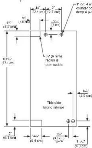 1/2" (4.4 cm) 3/2" (7.8 cm) 4/2" (12.4 cm) 5" (12.7 cm) 7/2" (3 cm) 1" (25.4 mm counter box deep 4 pack) 30 ½" (77.1 cm) 4" (6 mm) radius is permissible This side facing interior 2" (5.1 cm) 3 ½" (9.4 cm) 1 ½" (3.9 cm) typical 1 ½" (4.3 cm)