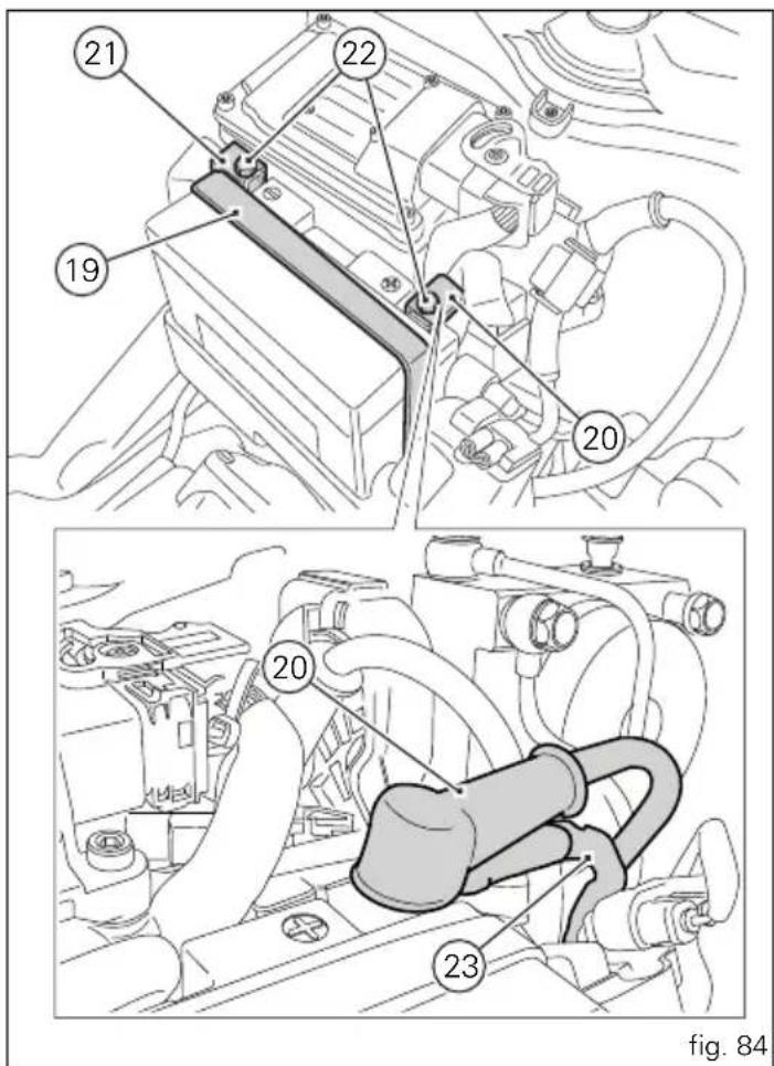 Technical diagram showing engine components with numbered parts, including a valve and belt assembly.