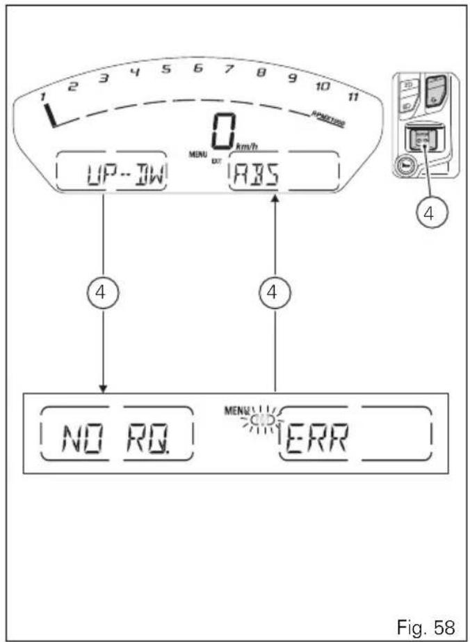 1 2 3 4 5 6 7 8 9 10 11 UP--IW MENU 0 km/h ABS ④ ④ NO RQ MENU ERR Fig. 58