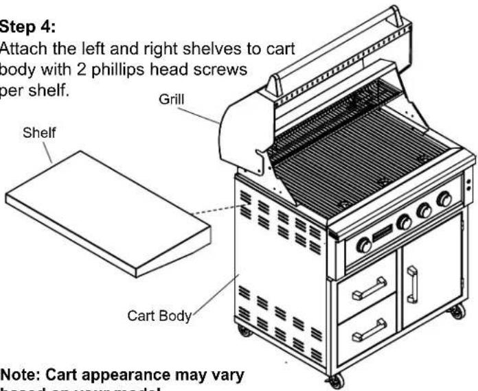 Step 4: Attach the left and right shelves to cart body with 2 phillips head screws per shelf. Grill Shelf Cart Body Note: Cart appearance may vary based on your model.
