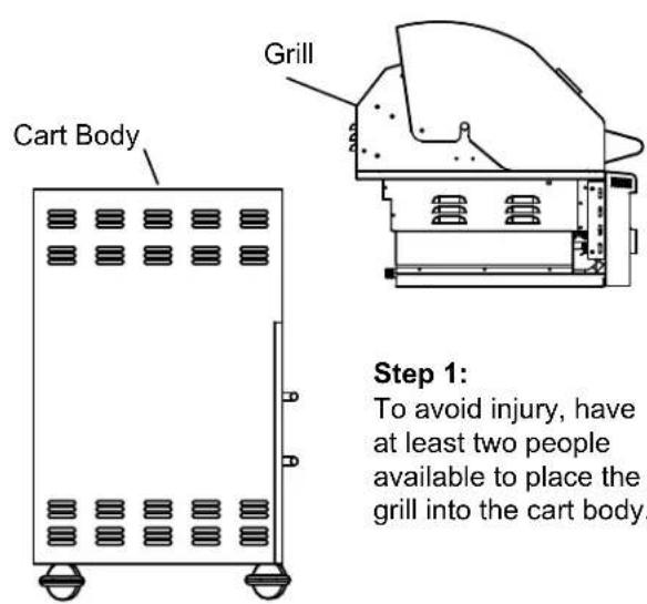 Cart Body Grill Step 1: To avoid injury, have at least two people available to place the grill into the cart body.