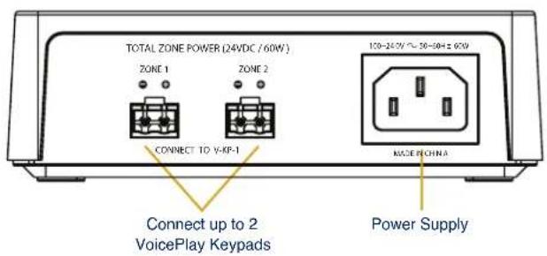 TOTAL ZONE POWER (24VDC / 60W) ZONE 1 ZONE 2 100-24.0V ~ 50-60Hz 60V CONNECT TO V-RP-1 MODE ROCHA Connect up to 2 VoicePlay Keypads Power Supply