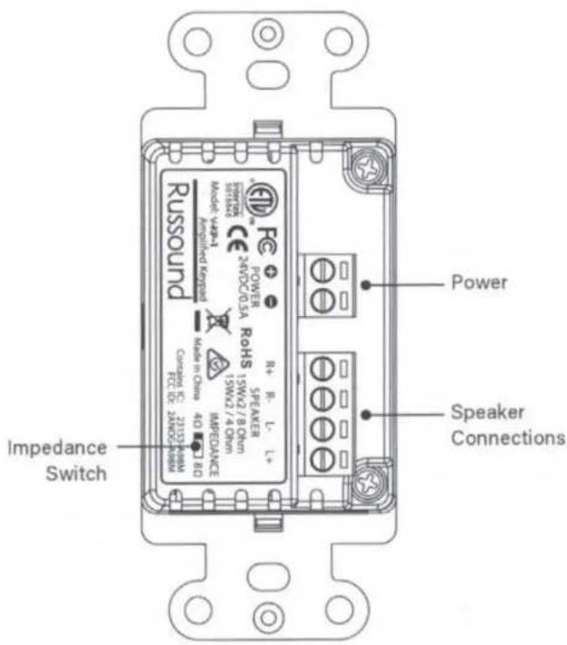 Power Speaker Connections Impedance Switch RUSSOUND R+ R- L- SPEAKER 15W/2 / 8 Ohm 15W/2 / 4 Ohm Made in China 4D BID Current: 72033 MHz FCL ID: 24000 MHz