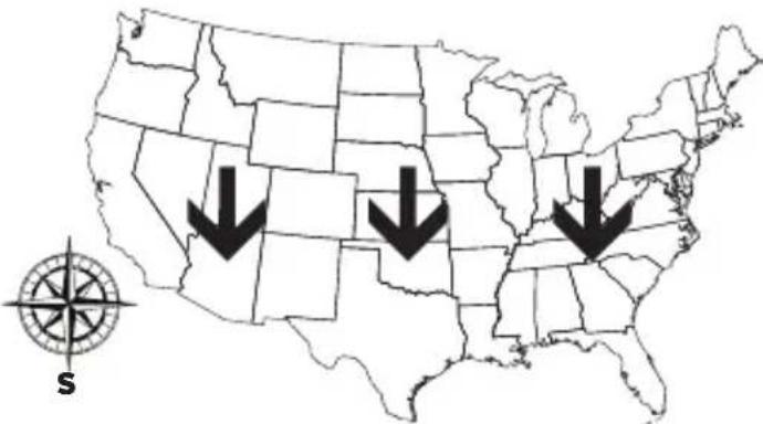 Map of the United States with three black arrows pointing downward, and a compass rose labeled 'S' in the corner.