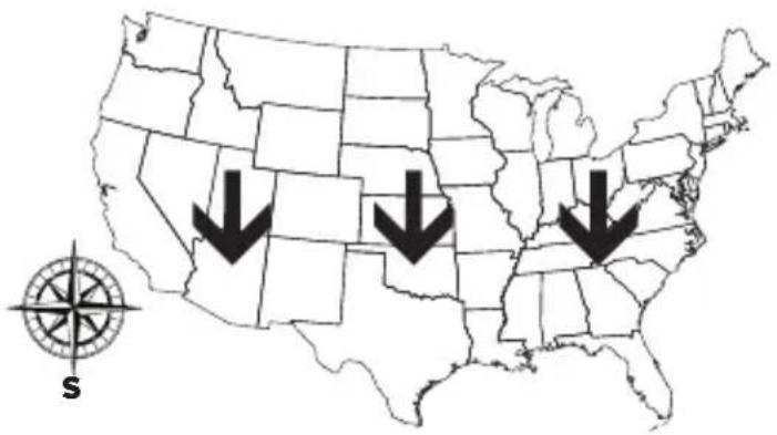 Map of the United States with three black arrows pointing downward, and a compass rose labeled 'S' in the corner.
