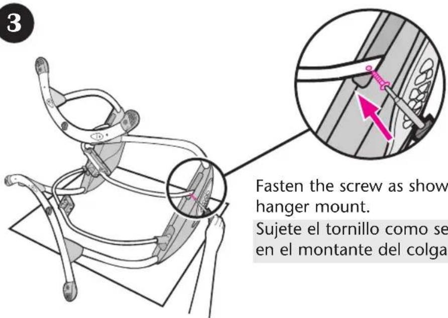 3 Fasten the screw as show hanger mount. Sujete el tornillo como se en el montante del colga