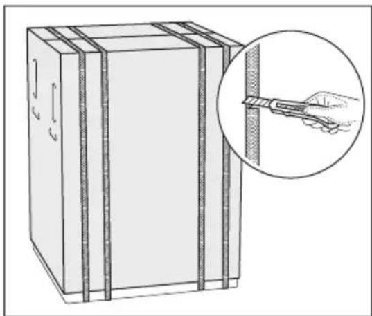 Illustration of a rectangular box with attached straps and a magnified inset showing a hand holding a tool near a vertical panel (no text or symbols)