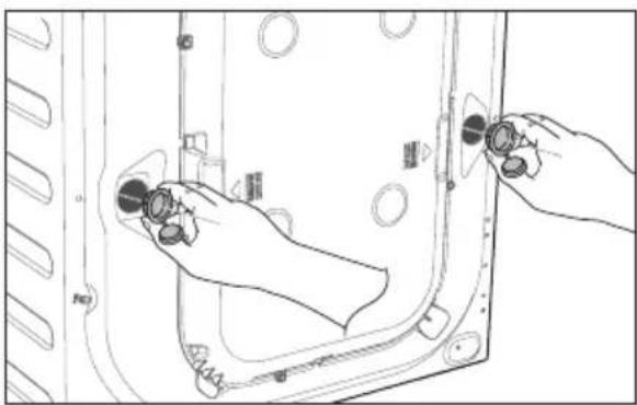 Line drawing of hands operating a door panel with buttons and mounting holes (no text or symbols).
