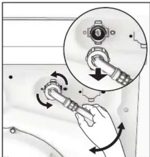 Diagram showing a hand operating a valve mechanism with a magnified detail view highlighting the valve assembly.