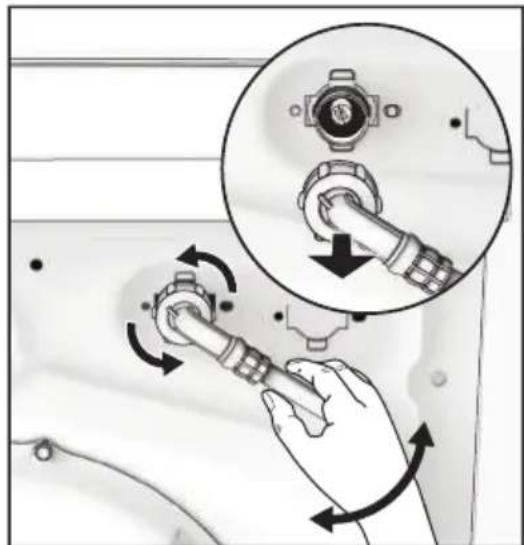 Illustration of a hand holding a pipe with directional arrows indicating rotation, alongside an inset showing a mechanical component (no text or symbols present).