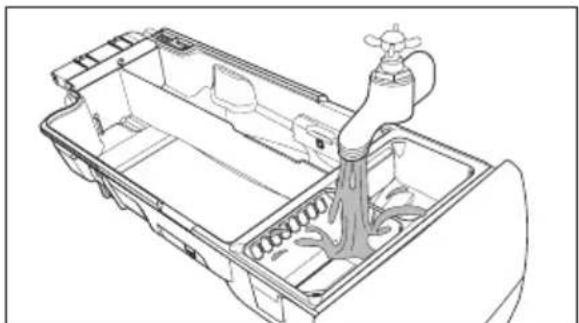 Line drawing of a hand washing machine with faucet and water filter.