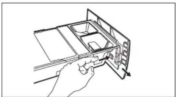 Line drawing of a hand inserting a device into a tray.