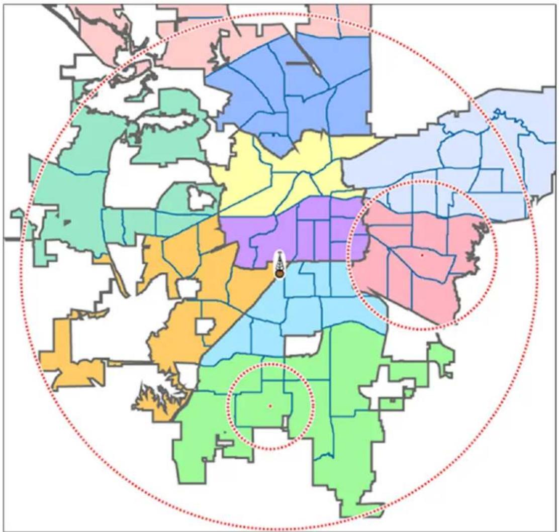 Color-coded geographic map with two highlighted circular regions and a central dot, likely indicating locations or zones within the state.