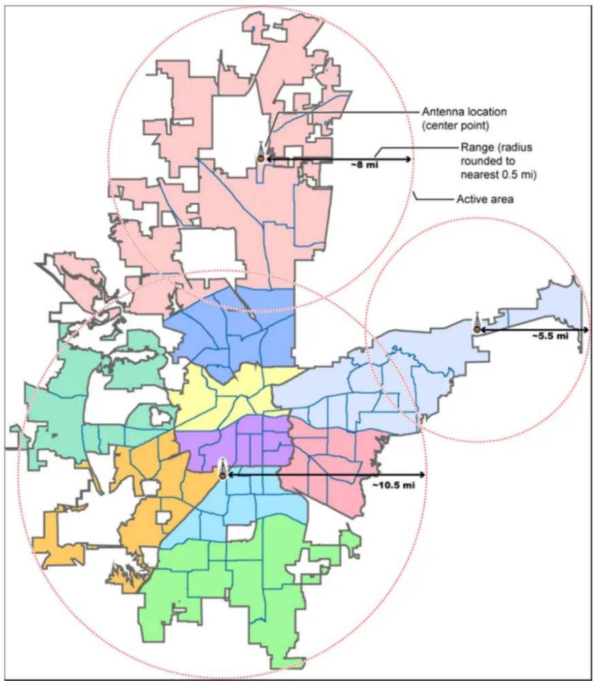 Antenna location (center point) Range (radius rounded to nearest 0.5 mi) Active area ~8 mi ~5.5 mi ~10.5 mi