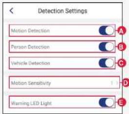 Detection Settings Motion Detection Person Detection Vehicle Detection Motion Sensitivity Warning LED Light
