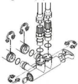 Technical diagram showing mechanical assembly with labeled components and directional arrows indicating assembly steps