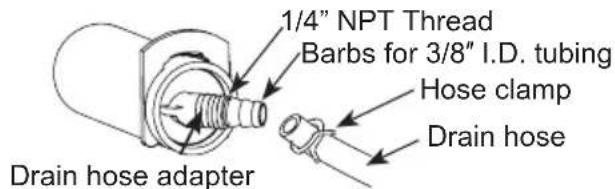 1/4" NPT Thread Barbs for 3/8" I.D. tubing Hose clamp Drain hose Drain hose adapter