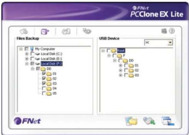 FNet PCClone EX Lite Files Backup My Computer Local Disk (C:) Local Disk (E:) Local Disk (F:) D0 01 02 03 04 05 USB Device H: Root F DD 01 02 03 FNet