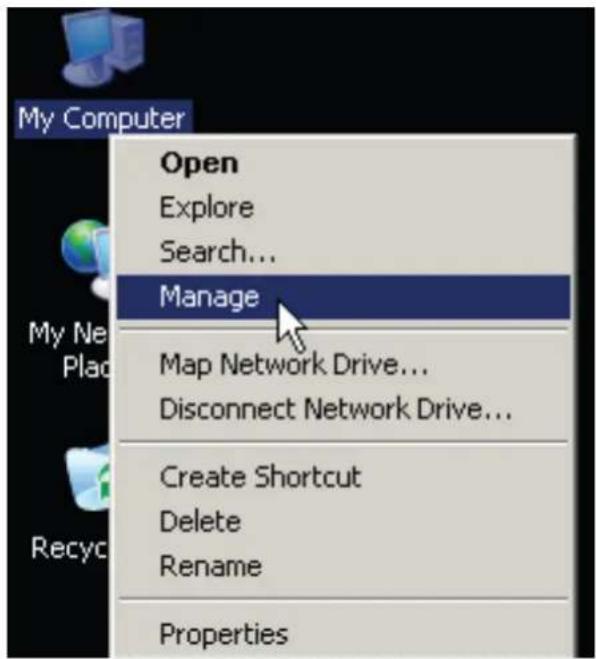 My Computer Open Explore Search... Manage Map Network Drive... Disconnect Network Drive... Create Shortcut Delete Rename Properties