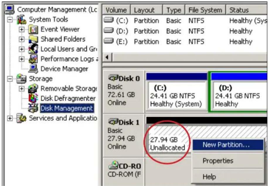 Computer Management (Lc System Tools Event Viewer Shared Folders Local Users and Gr Performance Logs Device Manager Storage Removable Storage Disk Defragmenter Disk Management Services and Applicatio Volume Layout Type File System Status (C:) Partition Basic NTFS Healthy (Sys (D:) Partition Basic NTFS Healthy (E:) Partition Basic NTFS Healthy Disk 0 Basic 72.61 GB Online (C:) 24.41 GB NTFS Healthy (System) (D:) 24.41 GB NTFS Healthy Disk 1 Basic 27.94 GB Online 27.94 GB Unallocated New Partition... Properties Help CD-RO CD-ROM (F)