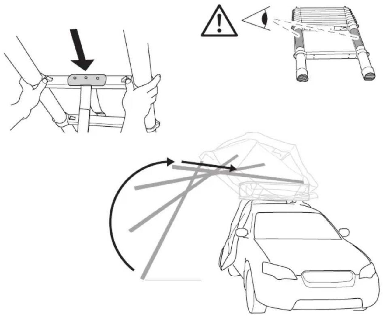 Diagram illustrating vehicle safety instructions with hand gestures, warning symbols, and motion arrows for handling vehicles.