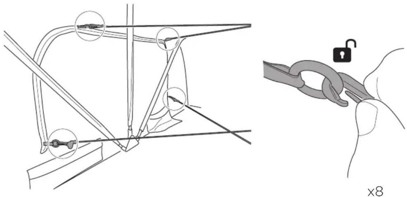 Technical diagram showing cable fastening techniques with labeled components and a close-up of the lock mechanism.