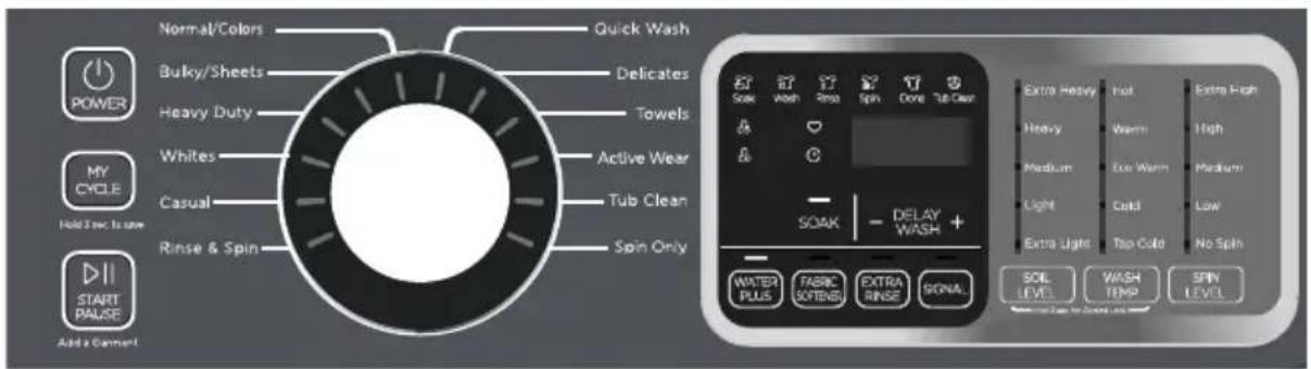 Normal/Colors Quick Wash Bulky/Sheets Delicates Heavy Duty Towels Whites Active Wear Casual Tub Clean Rinse & Spin Spin Only SOAK - DELAY WASH + Extra Heavy Hot Extra High Heavy Warm High Medium Exx Warm Medium Light Cold Low Extra Light Top Color No Spin WATER PLUS FABRIC SOFTENS EXTRA RINSE SONA. SOIL LEVEL WASH TEMP SPIN LEVEL Power MY CIRCLE Hold Tree to use START PAUSE Add a Cancel