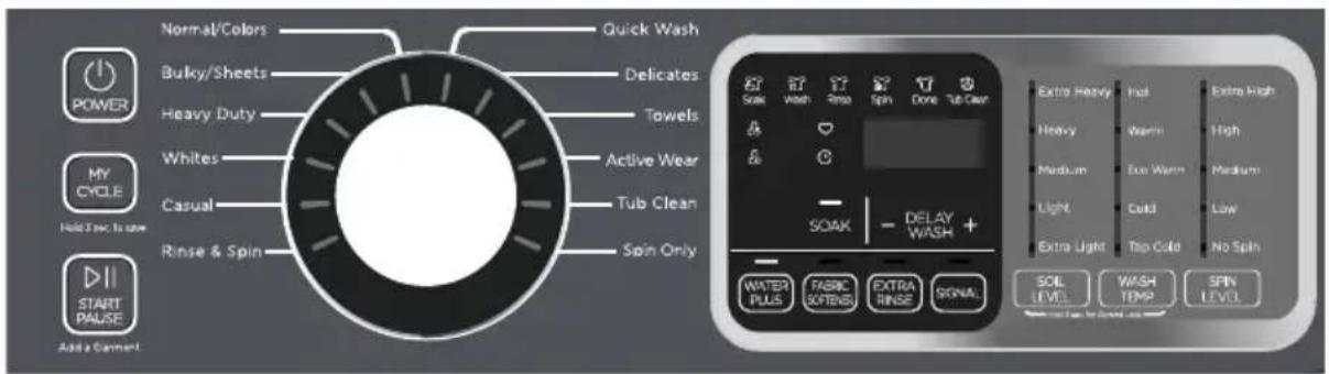 Normal/Colors Quick Wash Bulky/Sheets Delicates Heavy Duty Towels Whites Active Wear Casual Tub Clean Rinse & Spin Spin Only SOAK - DELAY WASH + Extra Heavy Hot Extra High Heavy Warm High Medium Exe Warm Medium Light Cold Low Extra Light Too Cable No Spin WATER PLUS FABRIC SOFTWARE EXTRA RINSE SONA. SOIL LEVEL WASH TEMP SPIN LEVEL Power MY CIRCLE Hold I ex to use START PAUSE Add a Camel