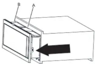 Technical diagram showing a device with labeled components A and B, and an arrow indicating direction or flow.