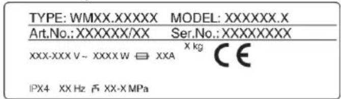 TYPE: WMXX.XXXXXX MODEL: XXXXXX.X Art.No.: XXXXXX/XX Ser.No.: XXXXXXXXX XXX-XXX V - XXXX W ≡ XXA X kg CE IPX4 XX Hz √ XX-X MPa