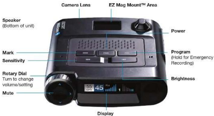 Camera Lens EZ Mag Mount™ Area Speaker (Bottom of unit) Mark Sensitivity Rotary Dial Turn to change volume/setting Mute Power Program (Hold for Emergency Recording) Brightness Display 55 MPPT 45 KΩ 1