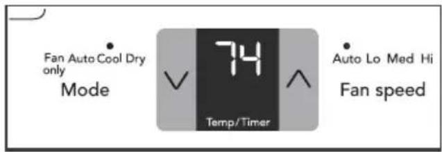 Fan Auto Cool Dry only Mode 74 Temp/Timer Auto Lo Med Hi Fan speed