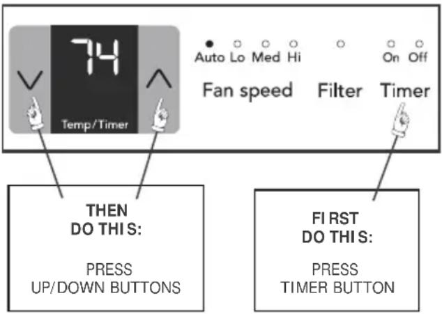 74 Temp/Timer Auto Lo Med Hi On Off Fan speed Filter Timer THEN DO THIS: PRESS UP/DOWN BUTTONS FIRST DO THIS: PRESS TIMER BUTTON