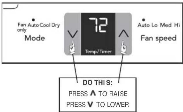 Fan Auto Cool Dry only Mode 72 Temp/Timer Auto Lo Med Hi Fan speed DO THIS: PRESS ∧ TO RAISE PRESS √ TO LOWER
