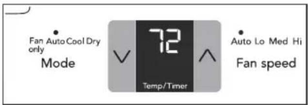Fan Auto Cool Dry only Mode 72 Temp/Timer ^ Auto Lo Med Hi Fan speed