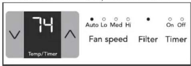 74 Temp/Timer • ○ ○ ○ Auto Lo Med Hi • ○ ○ On Off Fan speed Filter Timer