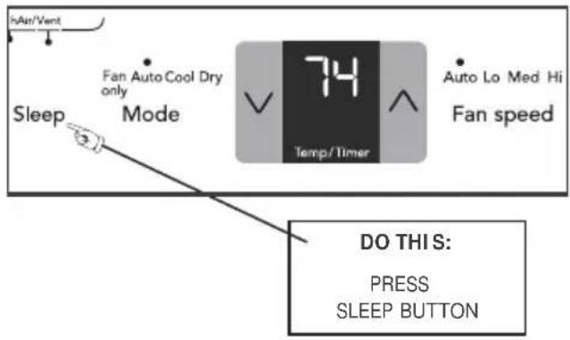 hAir/Vent Sleep Fan Auto Cool Dry only Mode 74 Temp/Timer Auto Lo Med Hi Fan speed DO THIS: PRESS SLEEP BUTTON