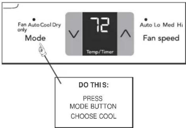 Fan Auto Cool Dry only Mode 72 Temp/Timer Auto Lo Med Hi Fan speed DO THIS: PRESS MODE BUTTON CHOOSE COOL