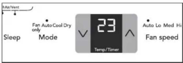 hAir/Vent Sleep Fan Auto Cool Dry only Mode 23 Temp/Timer Auto Lo Med Hi Fan speed