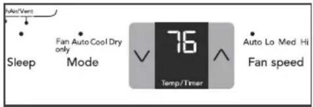 hAir/Vent Sleep Fan Auto Cool Dry only Mode 75 Temp/Timer Auto Lo Med Hi Fan speed