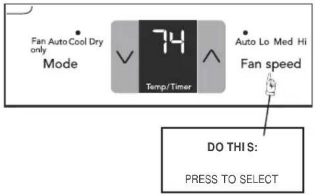 Fan Auto Cool Dry only Mode 74 Temp/Timer Auto Lo Med Hi Fan speed DO THIS: PRESS TO SELECT