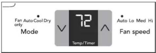 Fan Auto Cool Dry only Mode 72 Temp/Timer Auto Lo Med Hi Fan speed