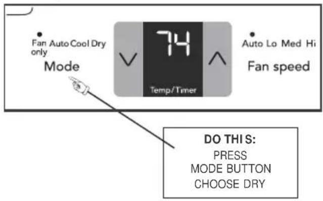 Fan Auto Cool Dry only Mode 74 Temp/Timer Auto Lo Med Hi Fan speed DO THIS: PRESS MODE BUTTON CHOOSE DRY