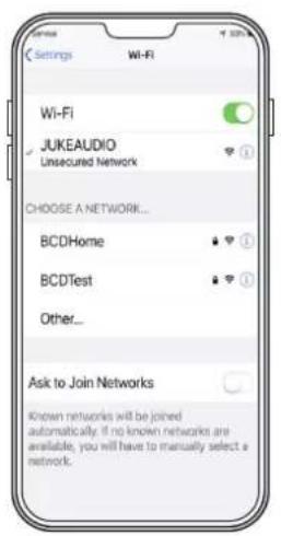 Settings Wi-Fi Wi-Fi JUKEAUDIO Unsecured Network CHOOSE A NETWORK... BCDHome BCDTest Other... Ask to Join Networks Known networks will be joined automatically. If no known networks are available, you will have to manually select a network.
