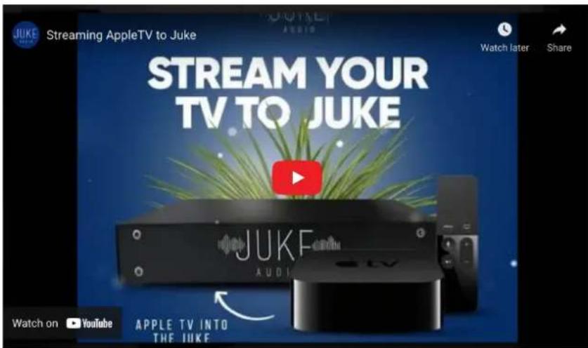 JUKE Streaming AppleTV to Juke STREAM YOUR TV TO JUKE Watch later Share JUKF AUDIO JUKF AUDIO Watch on YouTube APPLE TV INTO THE JUKE
